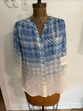 NWT Good Days Only Blue Ombre Houndstooth Button-Front Women's Top PM